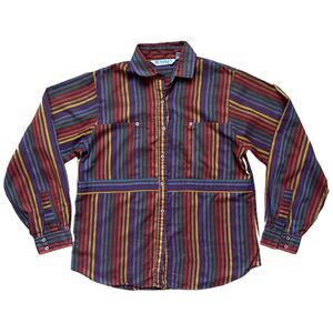 Vintage 80s Vertical Striped Button Light Shirt Messages Womens Sz 10 Multicolor